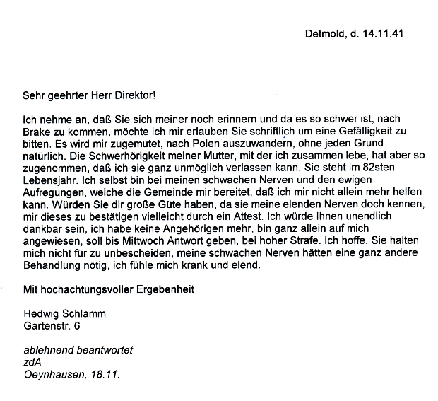 Abschrift eines Briefes an den Direktor der Heil- und Pflegeanstalt Lindenhaus, 14.11.1941. LAV NRW OWL L 107 D Nr. 5143_90dpi.png